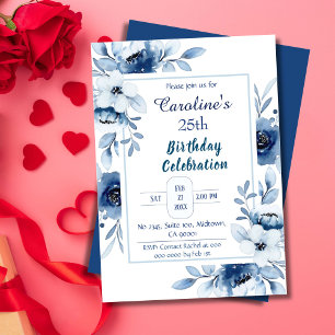 Elegant blue 25th birthday floral shades of blue  invitation