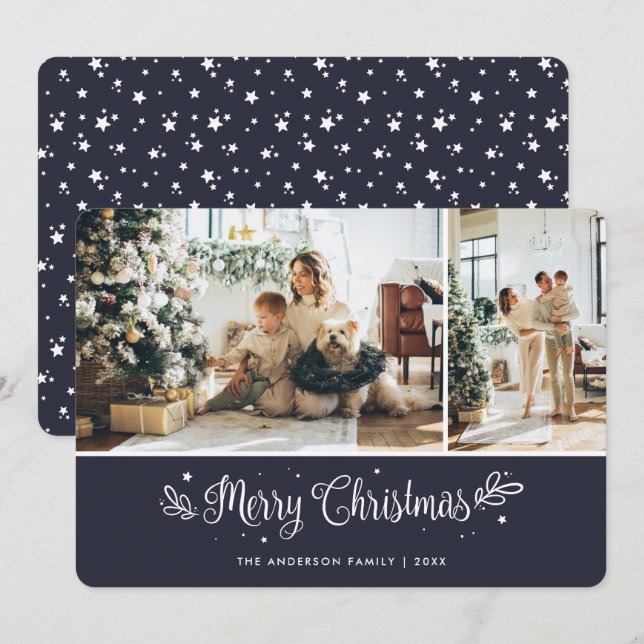 Elegant Blue 2 Photo Modern Merry Christmas Card (Front/Back)