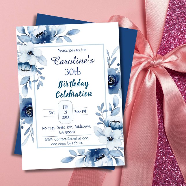 Elegant blue 30th birthday floral shades of blue  invitation (Creator Uploaded)