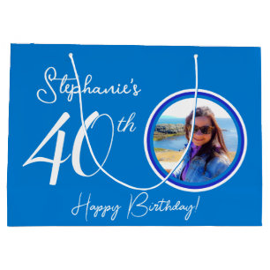 Elegant Blue 40th Birthday Photo Large Gift Bag
