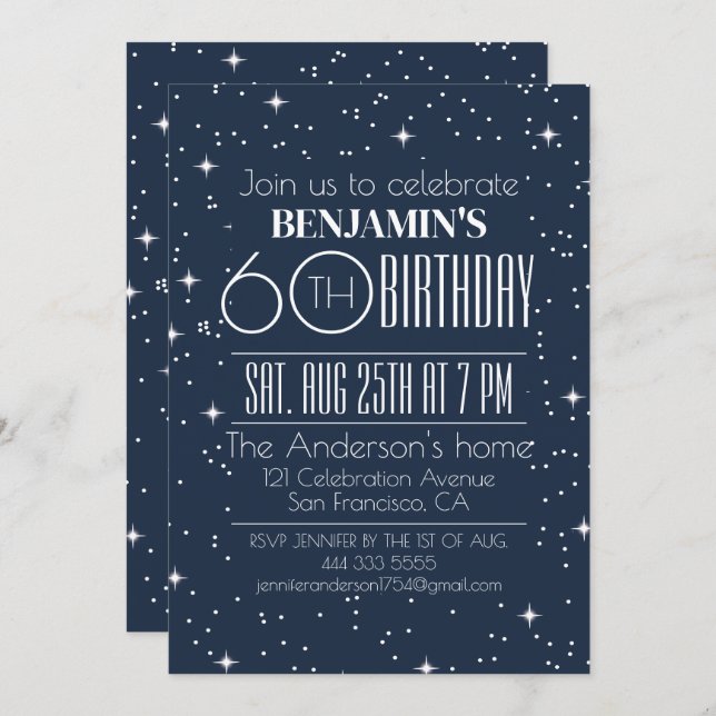 Elegant Blue 60th Birthday Invitation design (Front/Back)