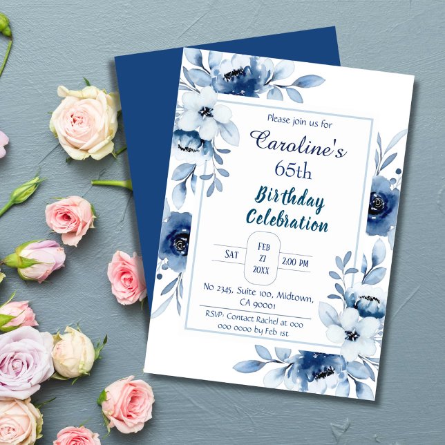 Elegant blue 65th birthday floral shades of blue invitation (Creator Uploaded)