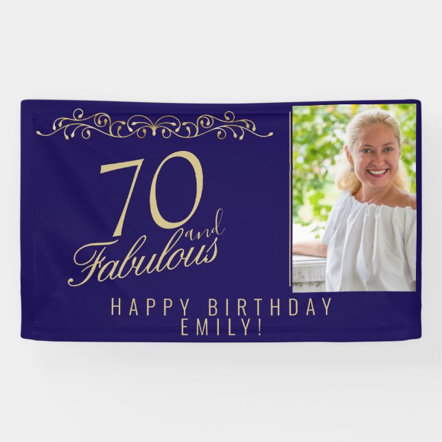 Elegant Blue 70 and Fabulous Birthday Photo  Banner (Horizontal)