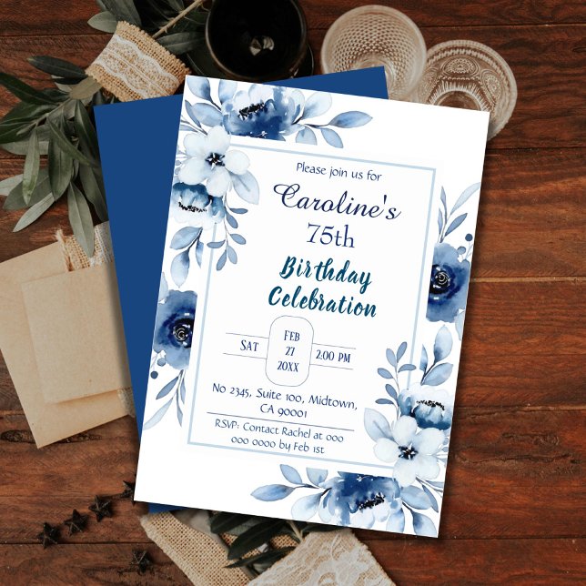 Elegant blue 75th birthday floral shades of blue invitation (Creator Uploaded)
