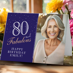 Elegant Blue 80 and Fabulous 80th Birthday Photo Card
