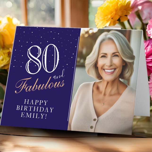 Elegant Blue 80 and Fabulous 80th Birthday Photo Card (Creator Uploaded)