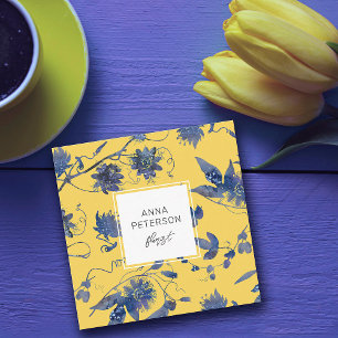 Elegant Blue Abstract Flowers Mustard Yellow Square Business Card