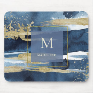 Elegant Blue   Abstract Gold with Monogram Mouse Pad