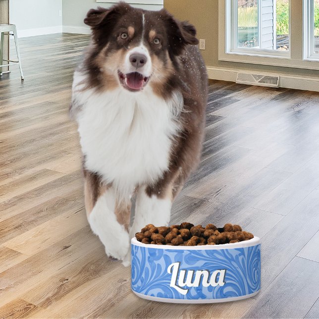 Elegant Blue Abstract Patterned Personalised (An elegant ceramic dog bowl, with blue swirly pattern and your pet's name in white script typography)