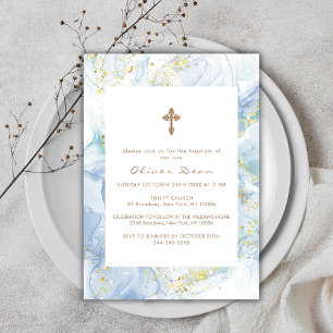 Elegant Blue Agate Gold Cross Boy Baptism   Invitation