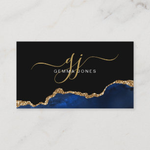 Elegant Blue Agate Gold Glitter Script Monogram  Business Card
