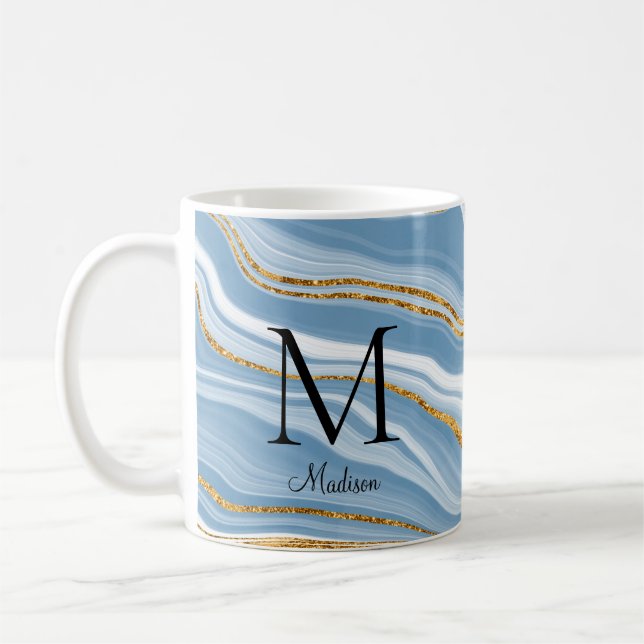Elegant Blue Agate Monogram Name Coffee Mug (Left)