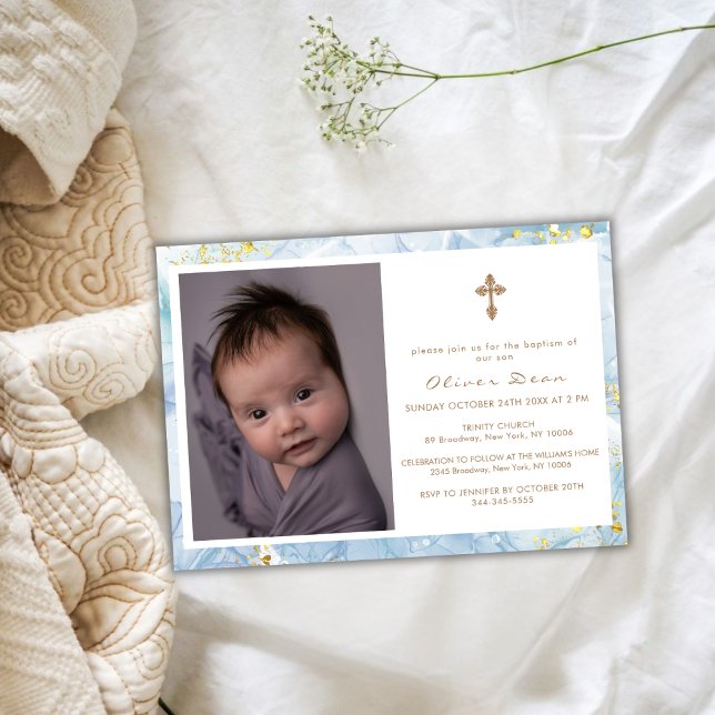 Elegant Blue Agate Photo Gold Cross Boy Baptism   Invitation (Elegant Blue Agate Photo Gold Cross Boy Baptism Invitation)