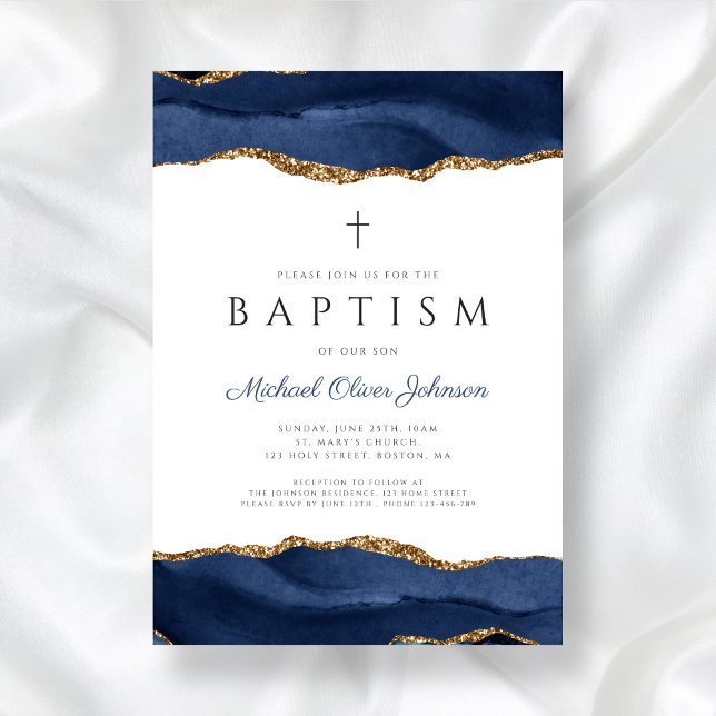 Elegant Blue Agate Religious Baby Baptism Invitation (Elegant Blue Agate Religious Baby Baptism Invitation)