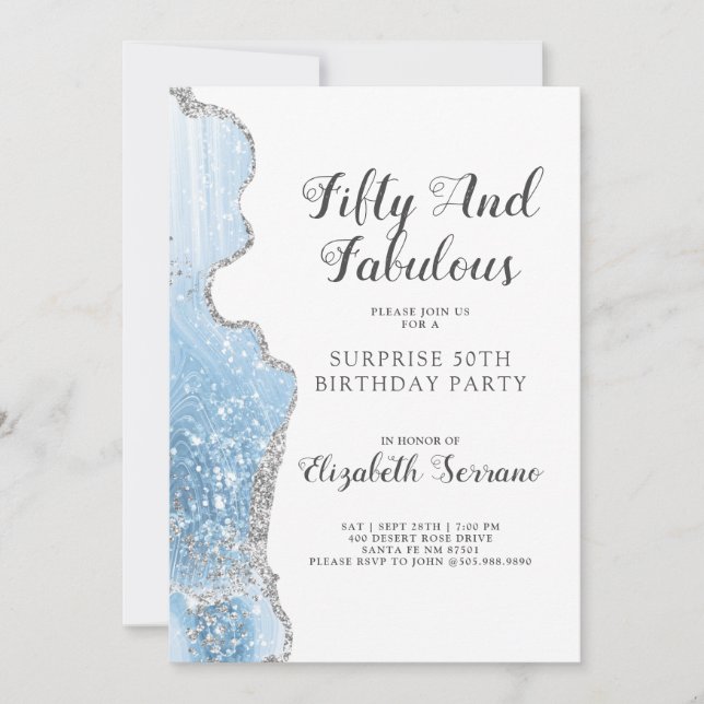 Elegant Blue Agate Surprise 50th Birthday  Invitation (Front)