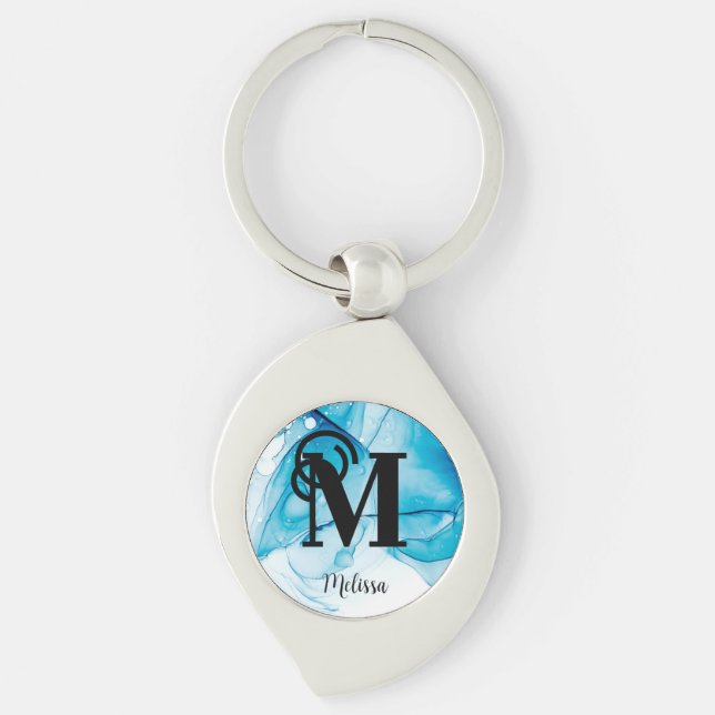 Elegant Blue Alcohol Ink Monogram Key Ring (Front)