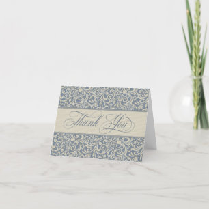 Elegant Blue and Beige Baroque Damask Thank You Card
