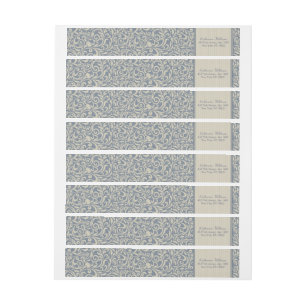 Elegant Blue and Beige Damask Pattern Wedding Wrap Around Label