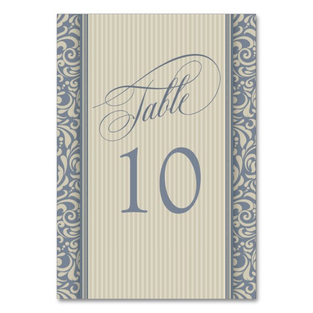 Elegant Blue and Beige Damask Table Number (Front)