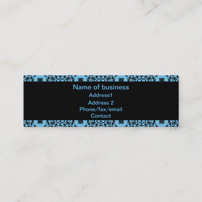 Elegant blue and black damask mini business card (Front)