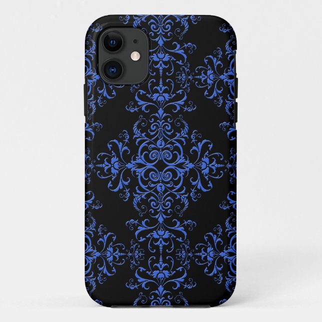 Elegant Blue and Black Damask Style Pattern Case-Mate iPhone Case (Back)