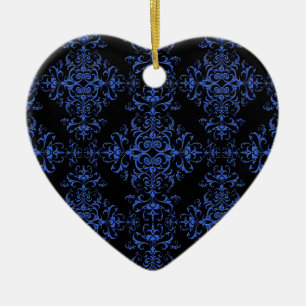 Elegant Blue and Black Damask Style Pattern Ceramic Tree Decoration