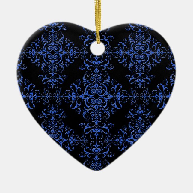 Elegant Blue and Black Damask Style Pattern Ceramic Tree Decoration (Front)