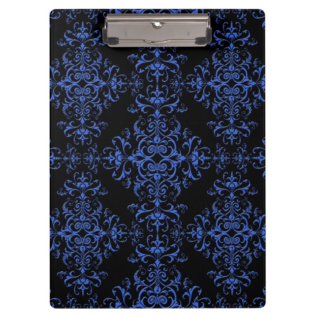 Elegant Blue and Black Damask Style Pattern Clipboard (Front)