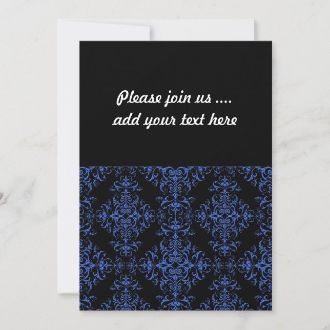Elegant Blue and Black Damask Style Pattern Invitation (Front)