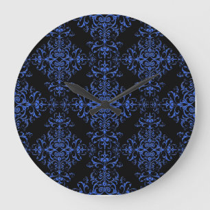 Elegant Blue and Black Damask Style Pattern Large Clock