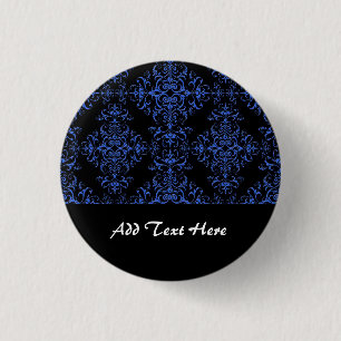Elegant Blue and Black Floral Damask Style Pattern 3 Cm Round Badge