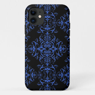 Elegant Blue and Black Floral Damask Style Pattern iPhone 11 Case