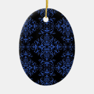 Elegant Blue and Black Floral Damask Style Pattern Ceramic Ornament