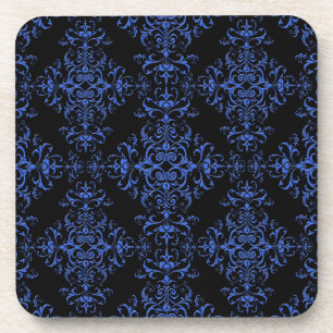 Elegant Blue and Black Floral Damask Style Pattern Coaster