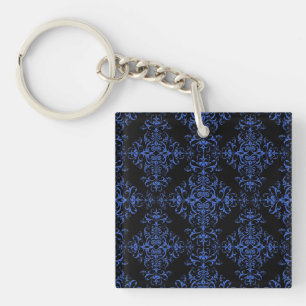 Elegant Blue and Black Floral Damask Style Pattern Key Ring