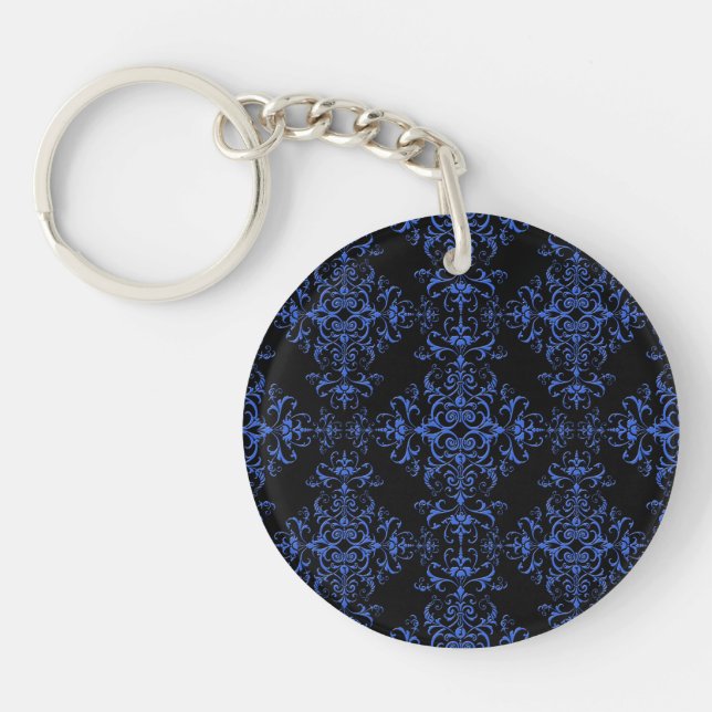 Elegant Blue and Black Floral Damask Style Pattern Key Ring (Front)