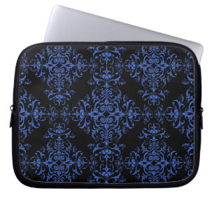 Elegant Blue and Black Floral Damask Style Pattern Laptop Sleeve