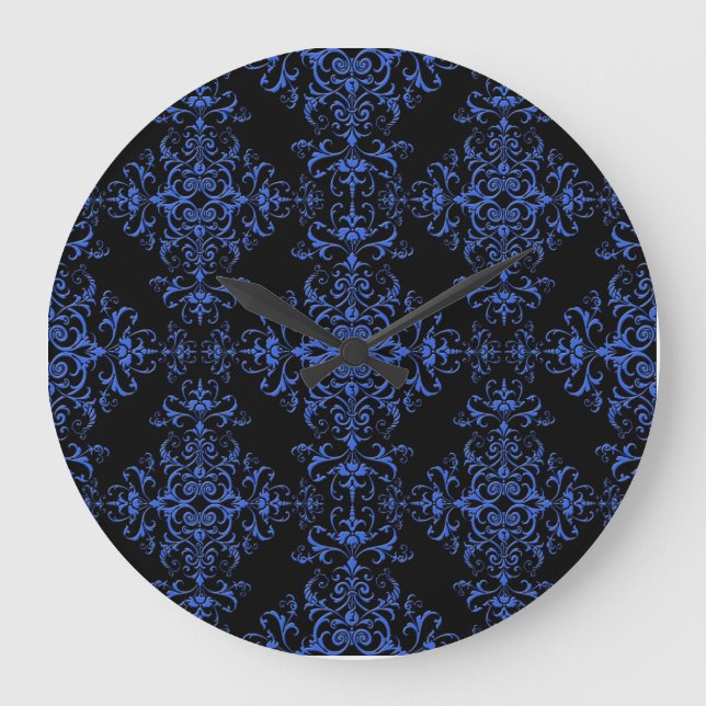 Elegant Blue and Black Floral Damask Style Pattern Large Clock (Front)
