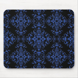 Elegant Blue and Black Floral Damask Style Pattern Mouse Pad