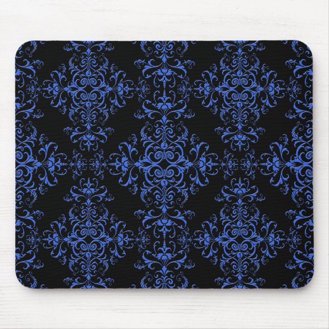 Elegant Blue and Black Floral Damask Style Pattern Mouse Pad (Front)
