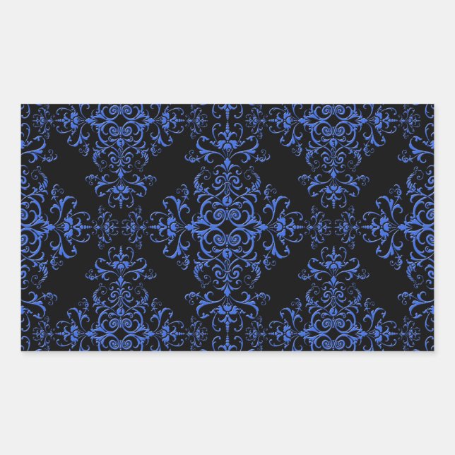 Elegant Blue and Black Floral Damask Style Pattern Rectangular Sticker (Front)