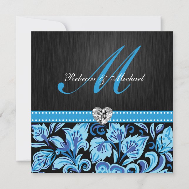 Elegant Blue and Black Floral Patterns Invitation (Front)