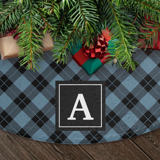 Elegant Blue and Black Plaid Monogram Brushed Polyester Tree Skirt (Creator Uploaded)
