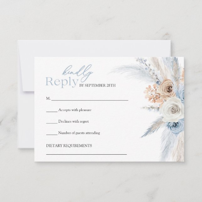 Elegant blue and brown dried flowers tropical arch RSVP card (Front)