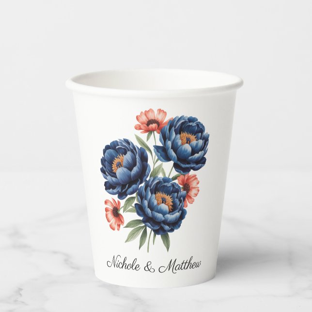 Elegant Blue and Burnt Orange Floral Wedding Paper Cups (Front)