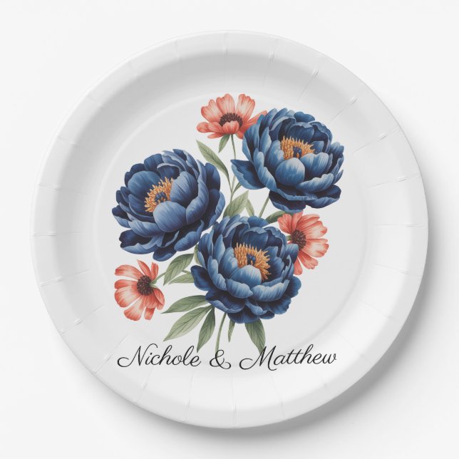 Elegant Blue and Burnt Orange Floral Wedding Paper Plate (Front)
