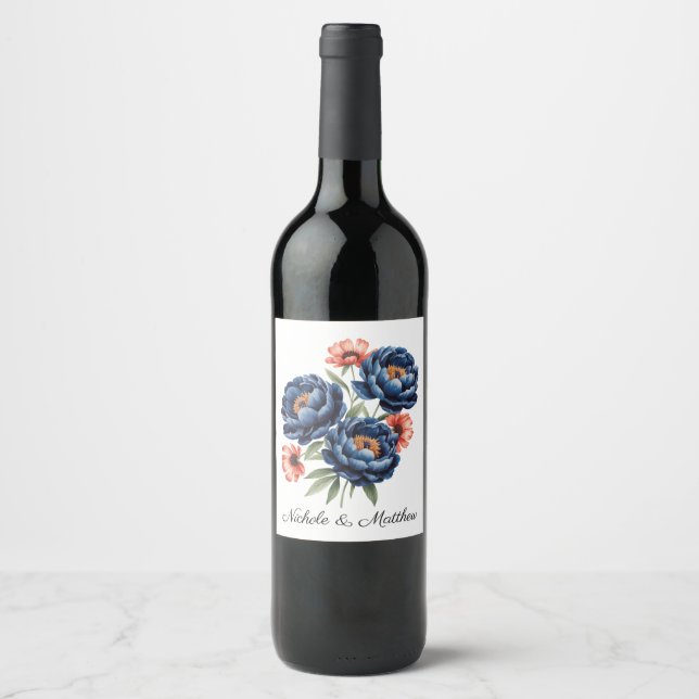 Elegant Blue and Burnt Orange Floral Wedding Wine Label (Front)
