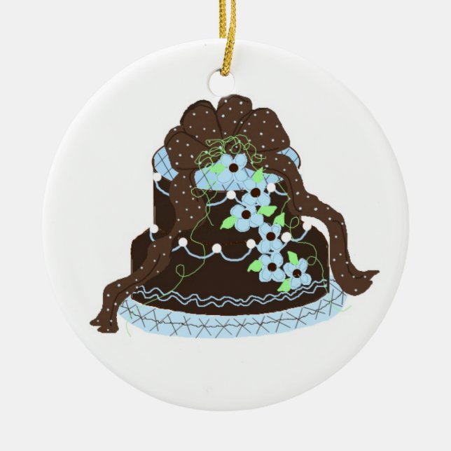 Elegant Blue and Chocolate Cake Ceramic Ornament (Front)