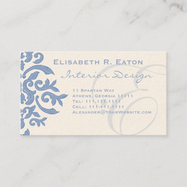 Elegant Blue and Cream Damask Letter E Business Card (Front)