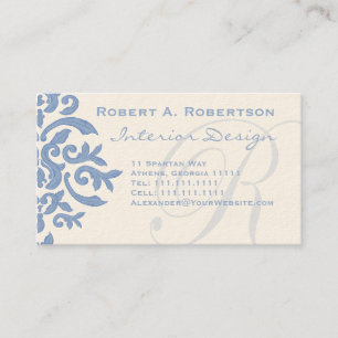 Elegant Blue and Cream Damask Letter R Business Card